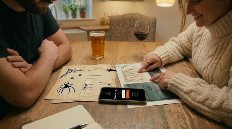 Two people playing a printable escape room game together at home on date night